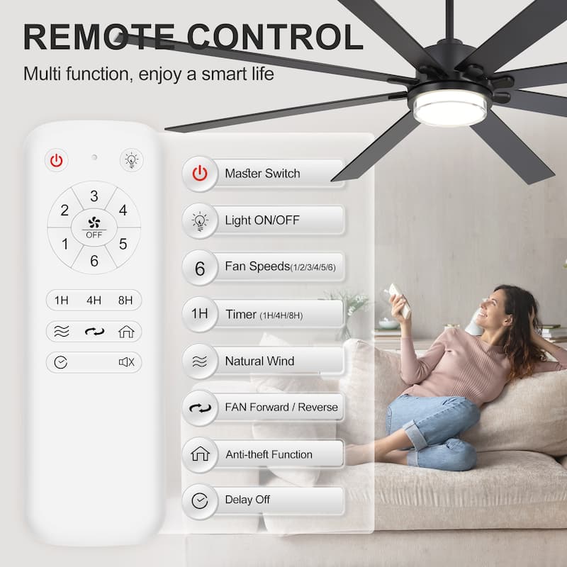75"/80" Modern Matte Black Ceiling Fan with LED Light and Remote(8/10 Blades)