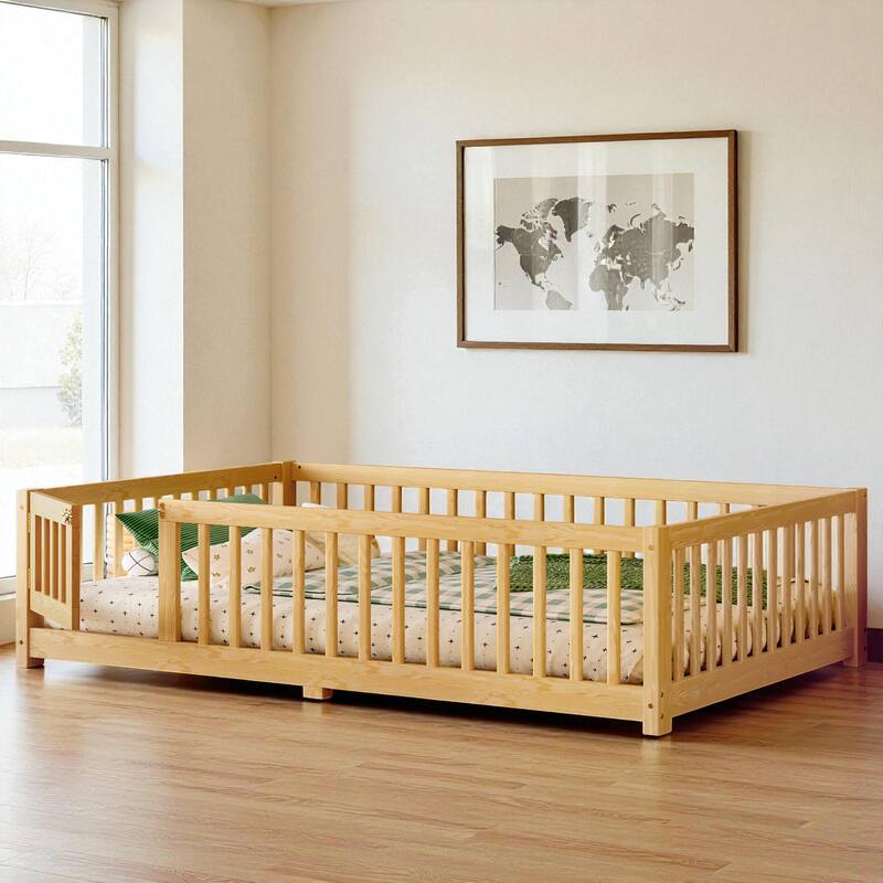 Twin/Full/Queen Size Wood Floor Bed with Door and Guardrails for Kids, Montessori Bed with Removable Slats