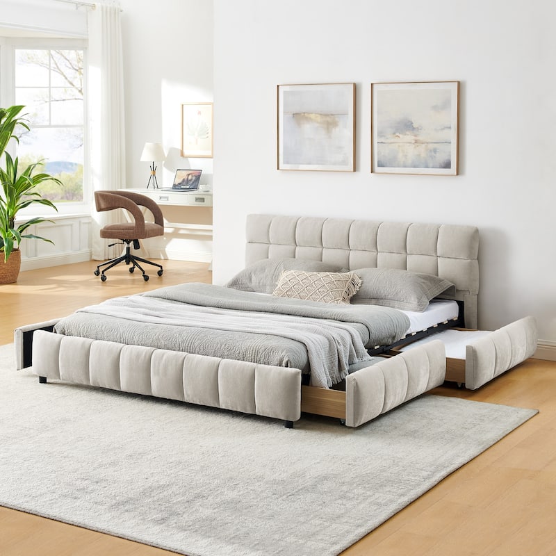 Modern Upholstered Queen Platform Bed Frame w/4 Storage Drawers, Soft Headboard, Grounded Chenille Fabric Bed Frame for Bedroom