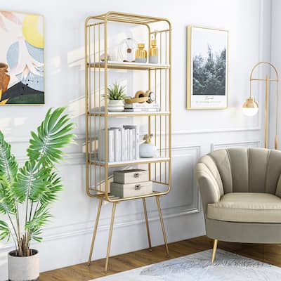 Greste Contemporary Gold 4-Shelf Steel Bookcase by Furniture of America