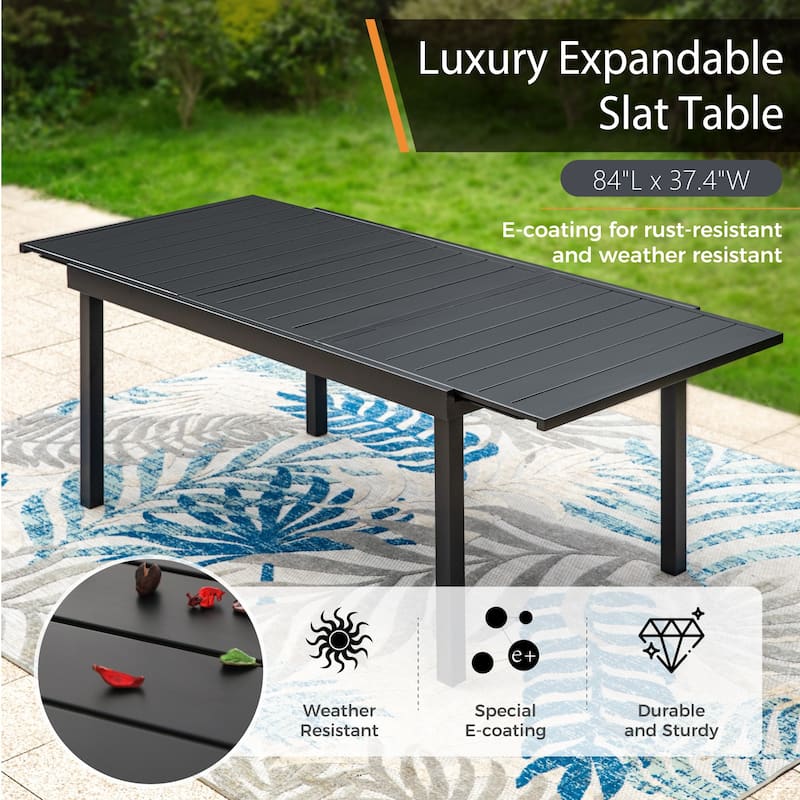 7/9 Patio Dining Set, Expendable Rectangular Outdoor Dining Table with Rattan Chairs