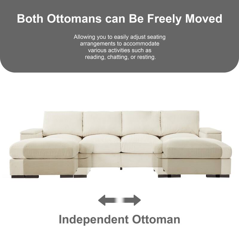 U-shaped corduroy sofa with removable footstool and storage armrests
