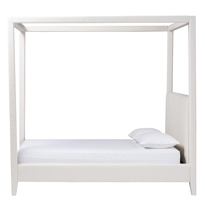 Aerona Boucle Upholstered Canopy Bed - Four Poster Platform Bed with Channel-Tufted Headboard, Cream, Queen