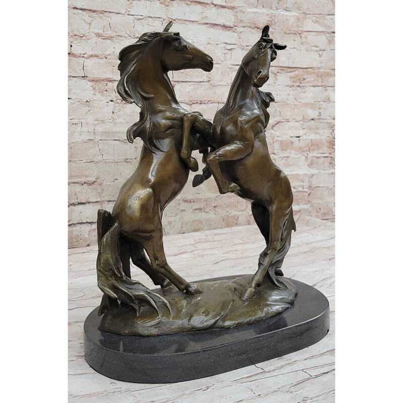 Dueling Stallion Imitative Horses Hot Cast Bronze Sculpture Statue Decor Original Art On Marble Base