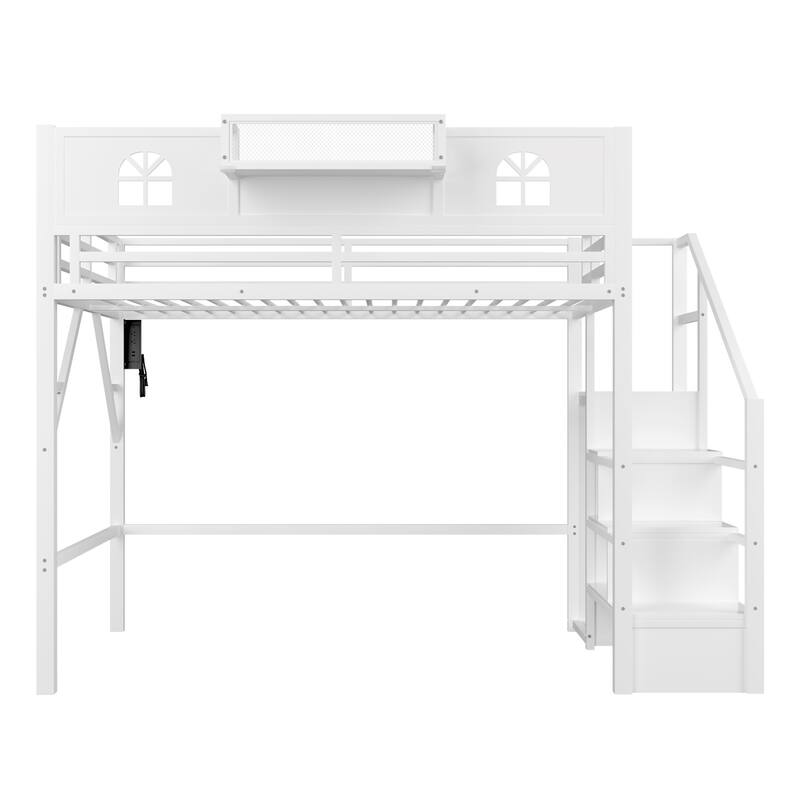 Queen/Full Size Metal Loft Bed with Stairs and House-Shaped Guardrails, High Loft Bed with Built-in Wardrobe
