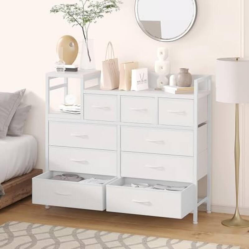 Bedroom Dresser with 9 Drawers Tv Stand with Charging Stand Modern Fabric Chest of Drawers