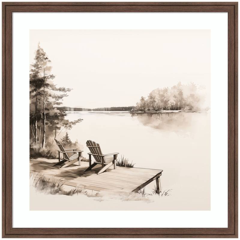 Kate and Laurel Abstract Sketch Of Adirondack Chairs On A Dock by The Creative Bunch Studio Framed Wall Art Print - 26 x 26 - Brown