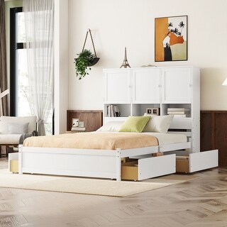 Cottage Style Queen Size Platform Bed with 4 Drawers Under-Bed,Headboard with Multiple Storage Shelves