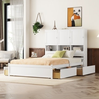 Queen Size Platform Bed with Storage Headboard, 4-Drawers, and Built-in Shelves, Sturdy Pine Wood Kids Bed Frame, White