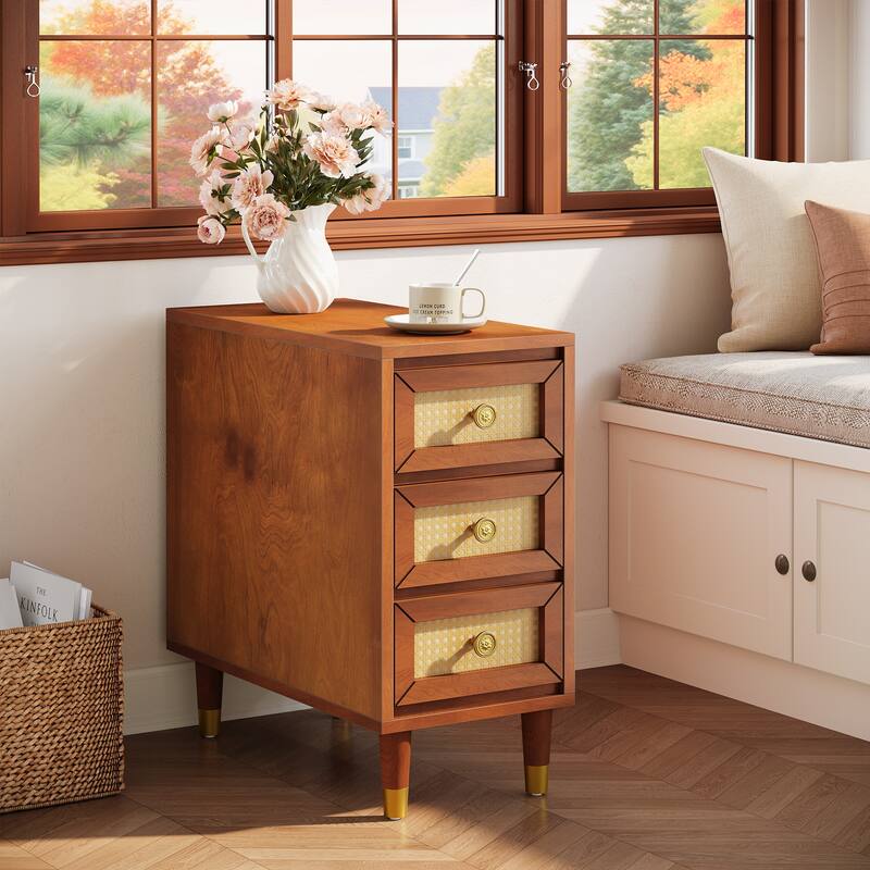 Solid Wood End Table with 3 Rattan Drawers, Narrow Slim Nightstand