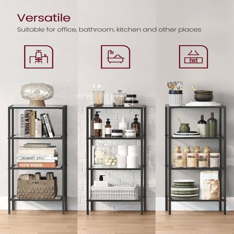 Black 4-Tier Glass Display Shelf with Metal Frame Narrow Bookshelf for Living Room or Office - 11.8”D x 15.7”W x 37.4”H