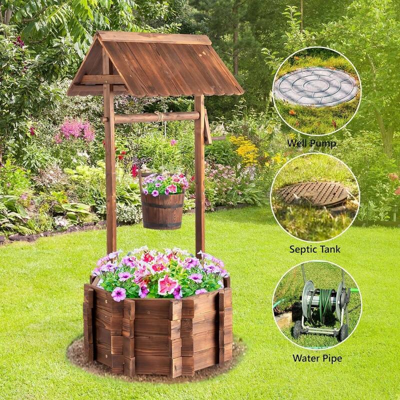 Wooden Wishing Well Outdoor Planters,Rustic Flower Pot Home Decor for Outside Patio Garden