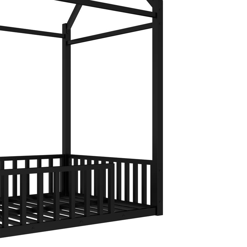Roomfitters Metal Twin House Bed Frame with Guardrails & Detachable Slats, Convertible Floor to Loft Design, Black