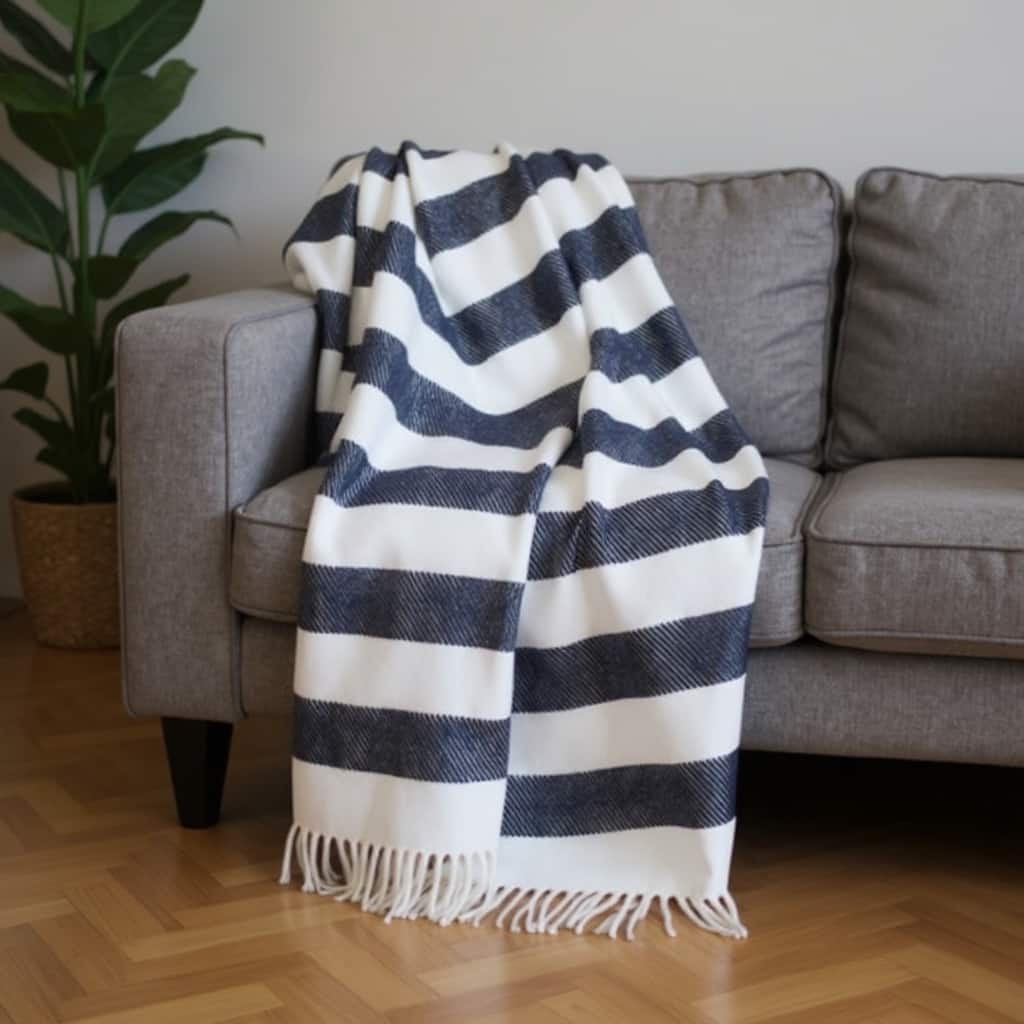 HomeRoots 55" X 70" Blue And Cream Striped Cotton Plush Throw Blanket