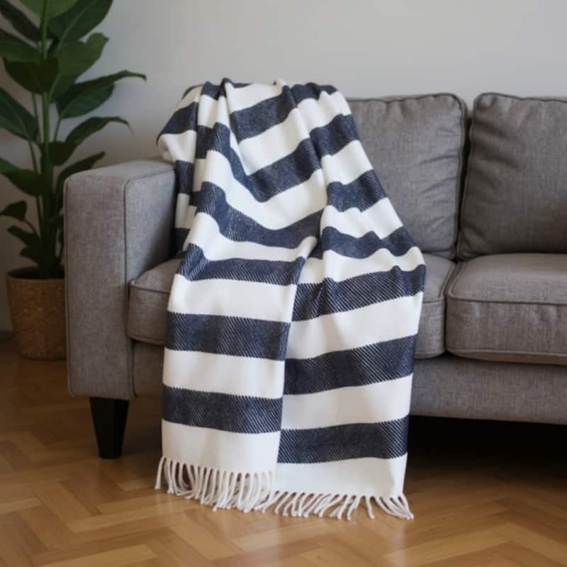 HomeRoots 55" X 70" Blue And Cream Striped Cotton Plush Throw Blanket