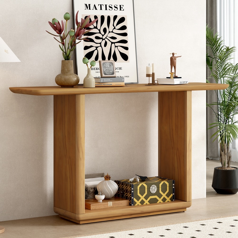 Wood Console Table with Curved Corners, Entry Hallway Table with U-Shaped Base, Accent Table with Bottom Shelf