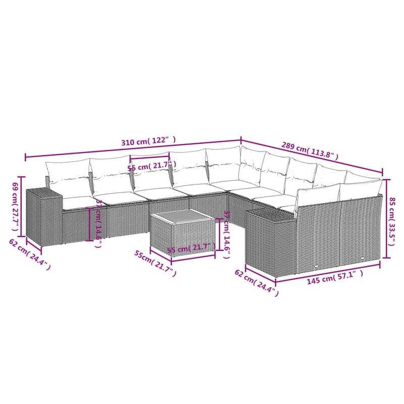 vidaXL Patio Sofa Set with Cushions Outdoor Furniture 11 Piece Poly Rattan - 24.4x 24.4x 27.2