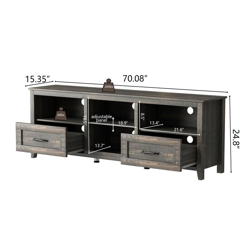Oaks Aura 70'' TV Stand with 2 Drawers and 4 High-Capacity Storage Compartment, 3 Colors for Living Room and Bedroom