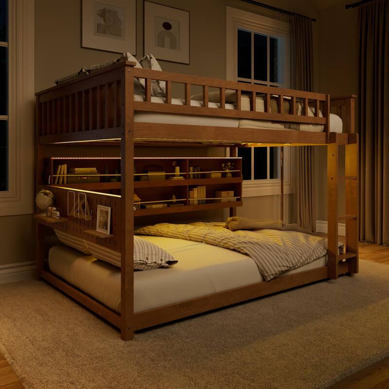 Full XL over Queen/Full over Full Bunk Bed with Integrated Shelving, Color-Changing Lights & Pegboard