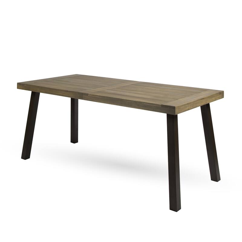 Della Outdoor Acacia Wood Dining Table with Metal Legs, Grey Finish / Rustic Metal