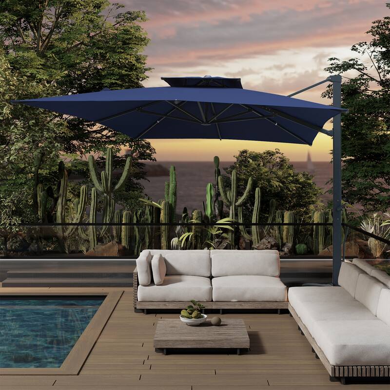 10 x 13ft Rectangular Double Top Cantilever Umbrella with Base & LED Lights