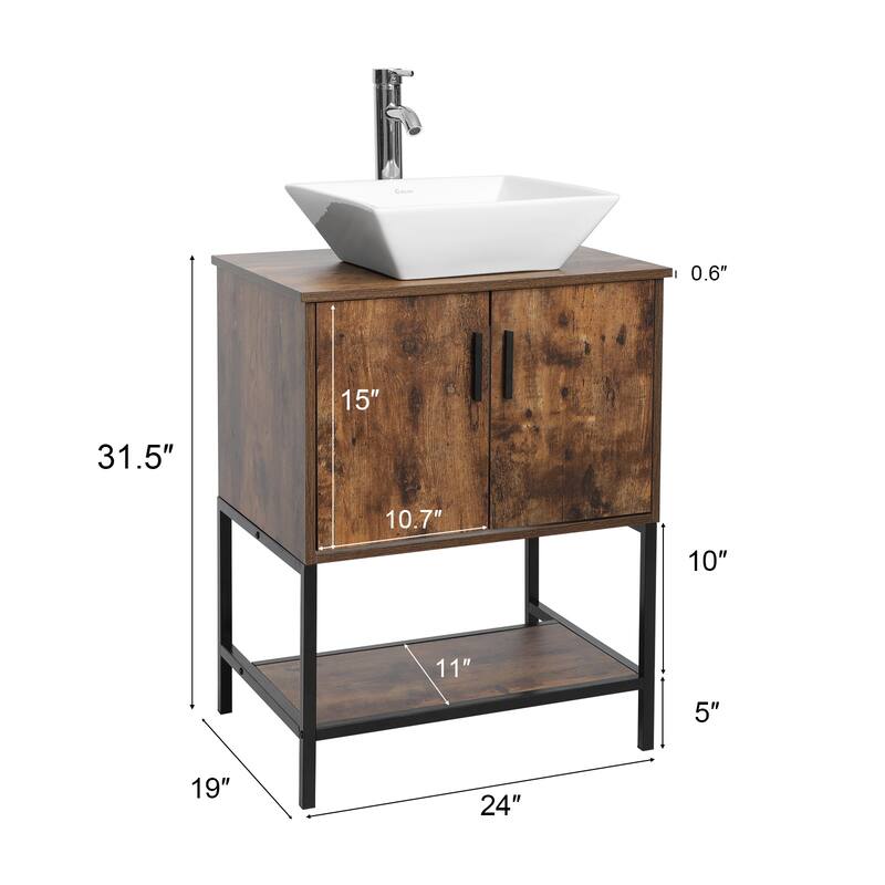 24" Bathroom Vanity Sink Set Brown Free-standing Manufactured Wood with Sink Faucet Drain Combo