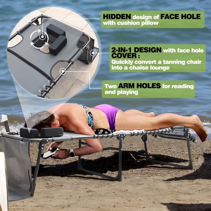 VEIKOUS Patio Chaise Lounge Chairs for Outdoor Tanning Chair with Face Hole, Pillow and Pocket