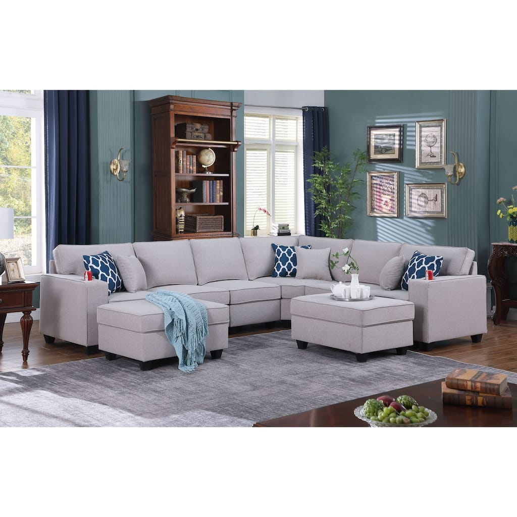 8 Piece L-Shape Sectional Sofa with 2 Ottomans in Light Gray