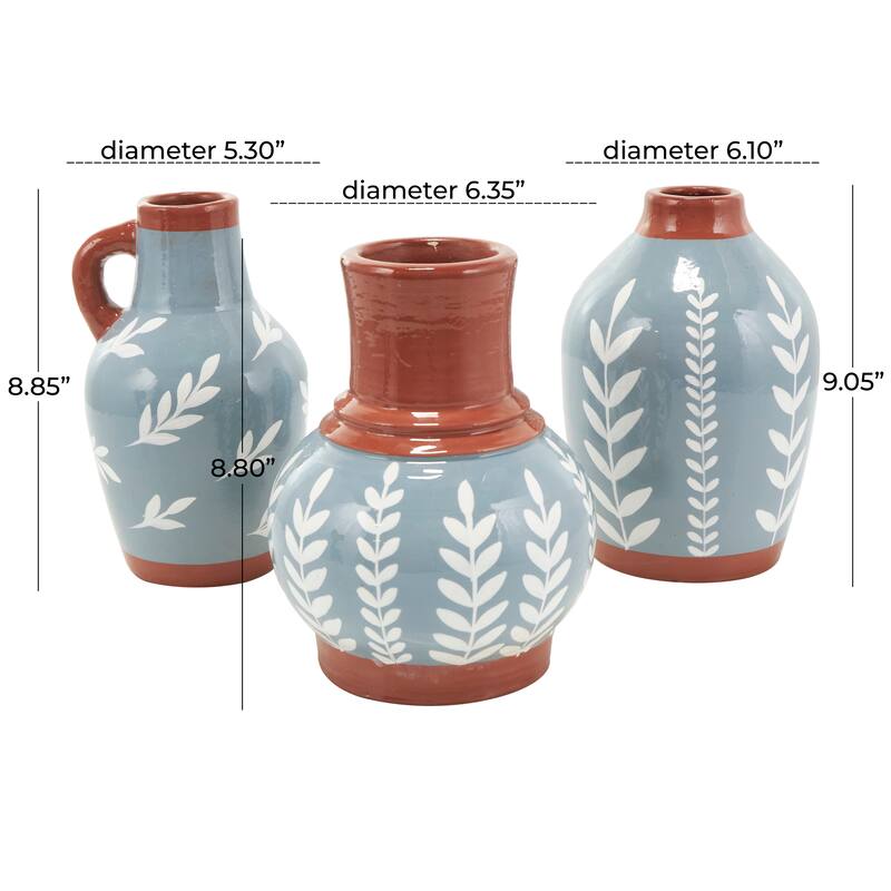 White or Blue Ceramic Floral Vase with Terracotta Colored Detailing (Set of 3)