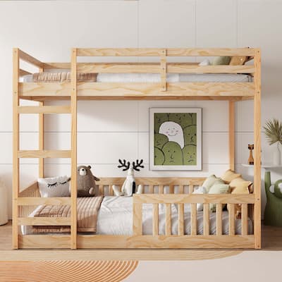 Stylish and Simple Full Size Wooden Bunk Bed, Solid Pine Full over Full Floor Bunk Bed Frame with Ladder and Guardrails
