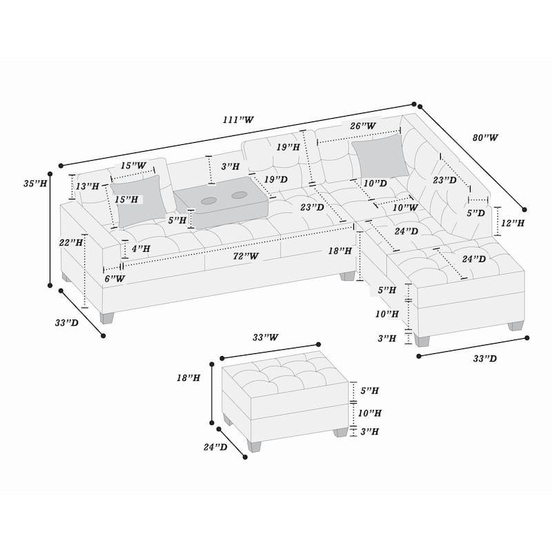 Poundex 3-Piece Sectional Set W/ Ottoman