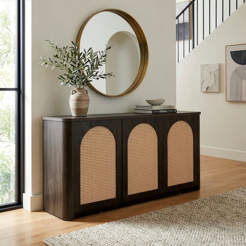 Bistra Brown Three Door Walnut Wood Sideboard with Rattan Doors