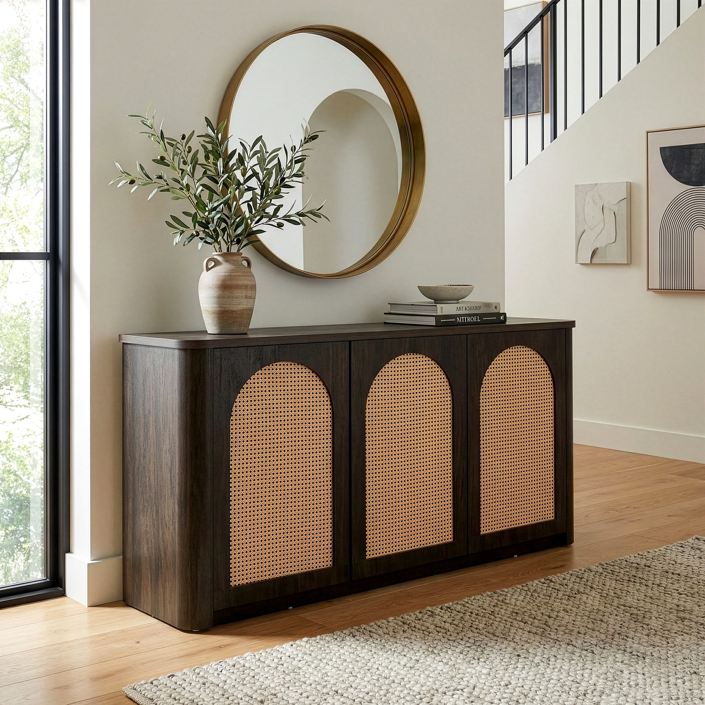 Bistra Brown Three Door Walnut Wood Sideboard with Rattan Doors