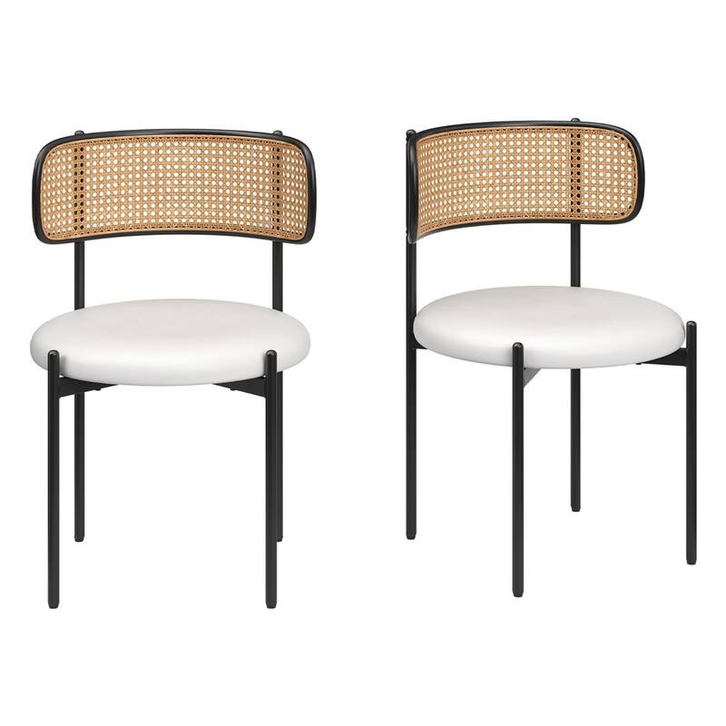 PU Leather Upholstered Seat Dining Chairs with Woven Rattan Back (Set of 2) - Beige