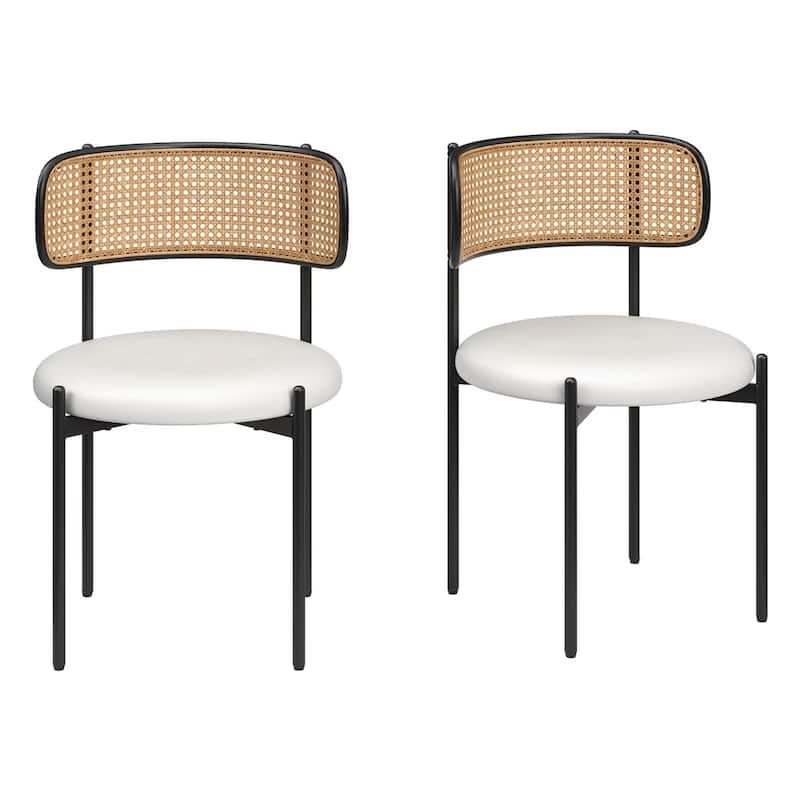 PU Leather Upholstered Seat Dining Chairs with Woven Rattan Back (Set of 4) - Beige