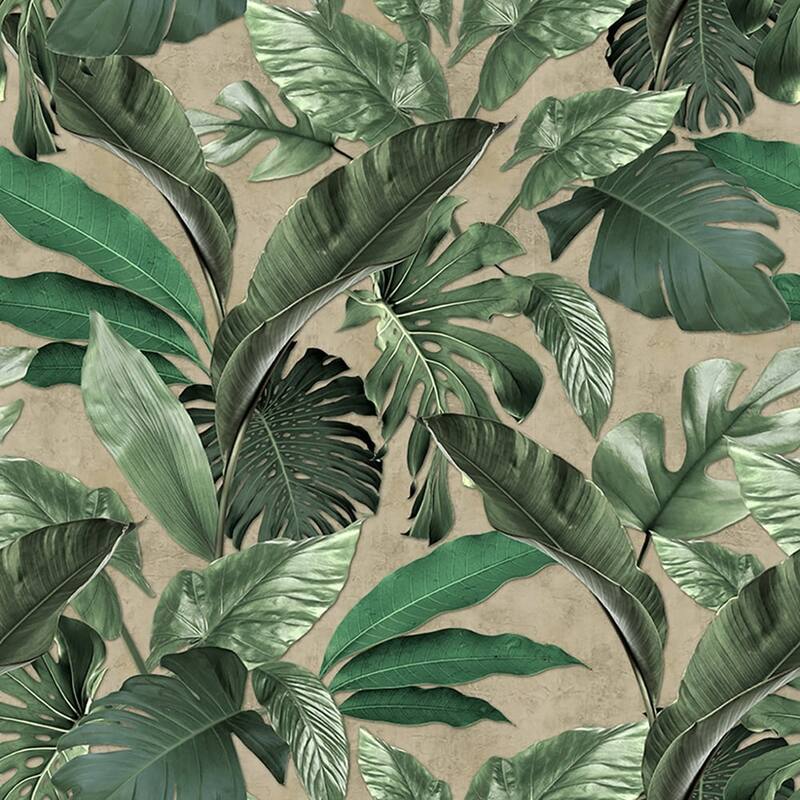 Galerie Wallcoverings The Loft Collection Tropical Leaf 3-Panel Wall Mural - 8.8-feet high x 62.5-inches wide - Beige