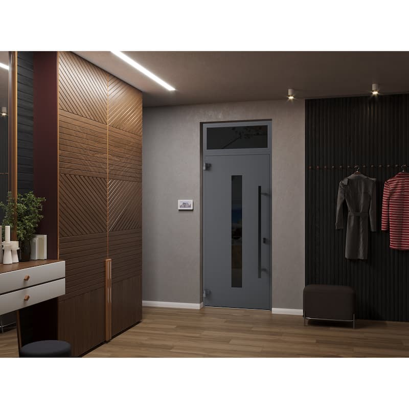 Front Prehung Steel Door Ronex 1011 Grey Side and Top Window Sidelite Stainless Inserts W36+12xH80+16 Lh I