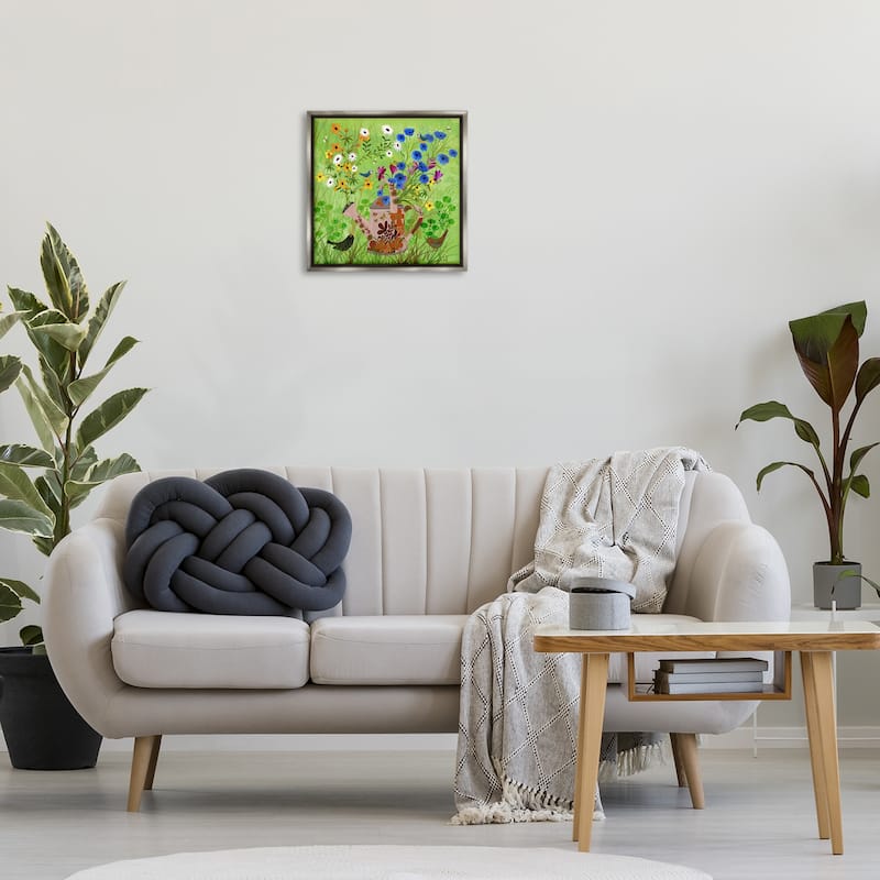 Stupell Bright Gardening Can & Birds Framed Floater Canvas Wall Art Design By Kay Widdowson