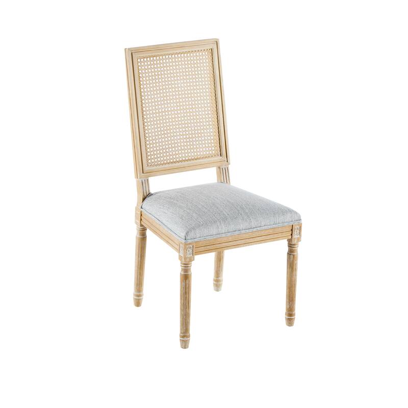 [Set of 2]Dining Chairs -Elegant Cane Backrest & Upholstered Seats with Fluted Legs -Rustic Weathered Finish -Rubberwood Frame