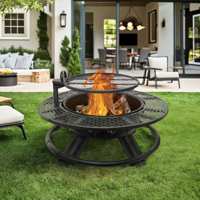 47" Wood Burning Fire Pit Outdoor Patio Fire Pit with Cooking Grill Grate