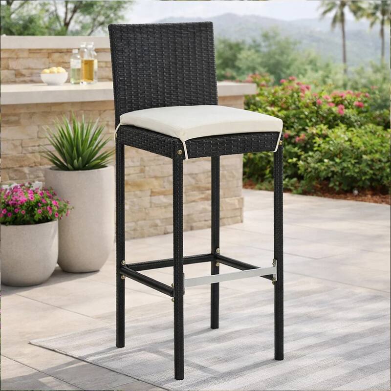 Nyra Outdoor Barstool Chair Set of 2, Cream Cushions Black Poly Rattan