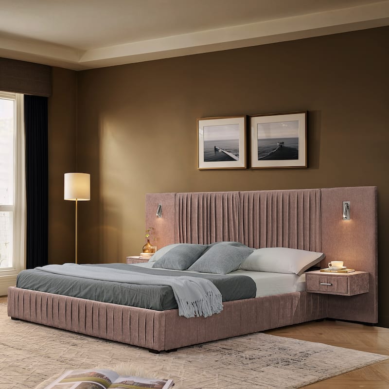 Pleating Upholstered Bed Platform Bed Frame with Enlarged Widened Headboard and Integrated Bedside Table Adjustable Bedside Lamp - Pink - King
