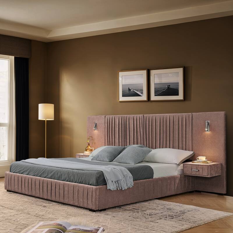 Queen Size Upholstered Platform Bed with Headboard, Chenille Fabric, and Built-in Nightstand, Pink - Pink