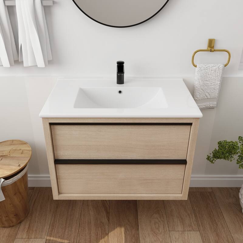 Wall-Mounted Plywood Bathroom Vanity Set in Plain Light Oak with Integrated Sink