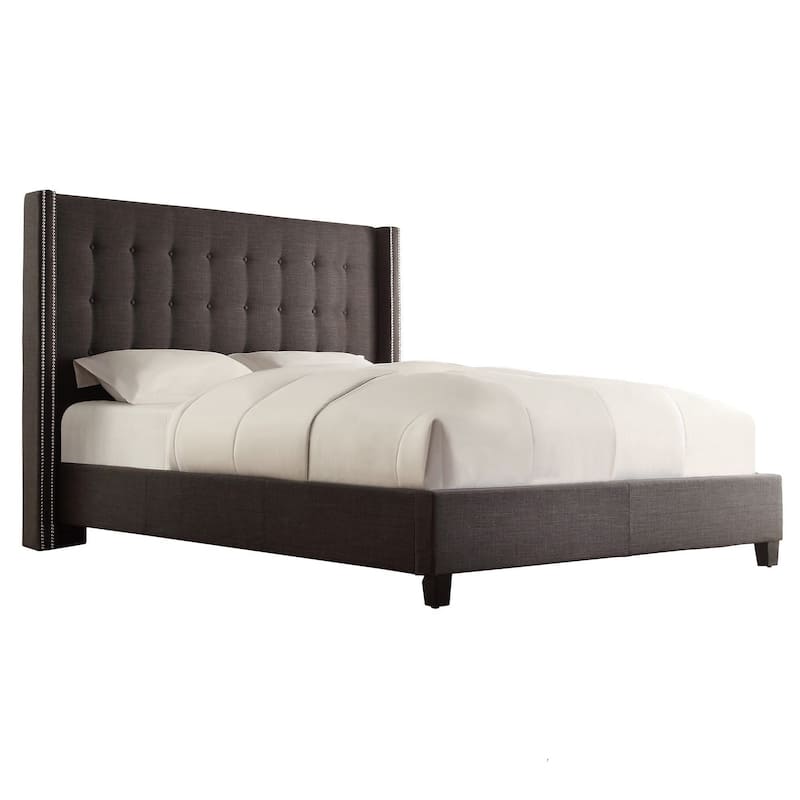 Marion Nailhead Wingback Tufted Upholstered Platform Bed by iNSPIRE Q Bold - Dark Grey Linen - Queen