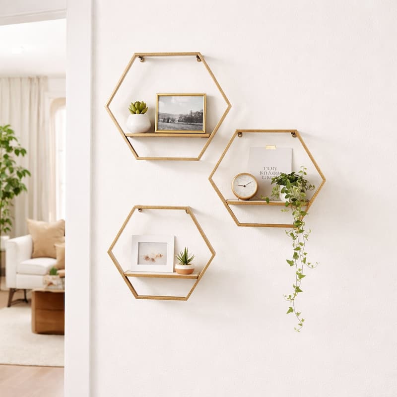 Metal Wood Hexagon Wall Shelf Set of 3 - Gold, 11/12/14" - 16.0"