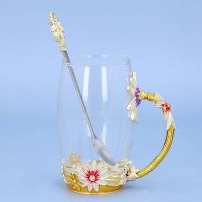 Handcrafted Flower 3D Enamel Cup with Spoon Set 350 ml Durable - 4.72x4.92x2.56 inches