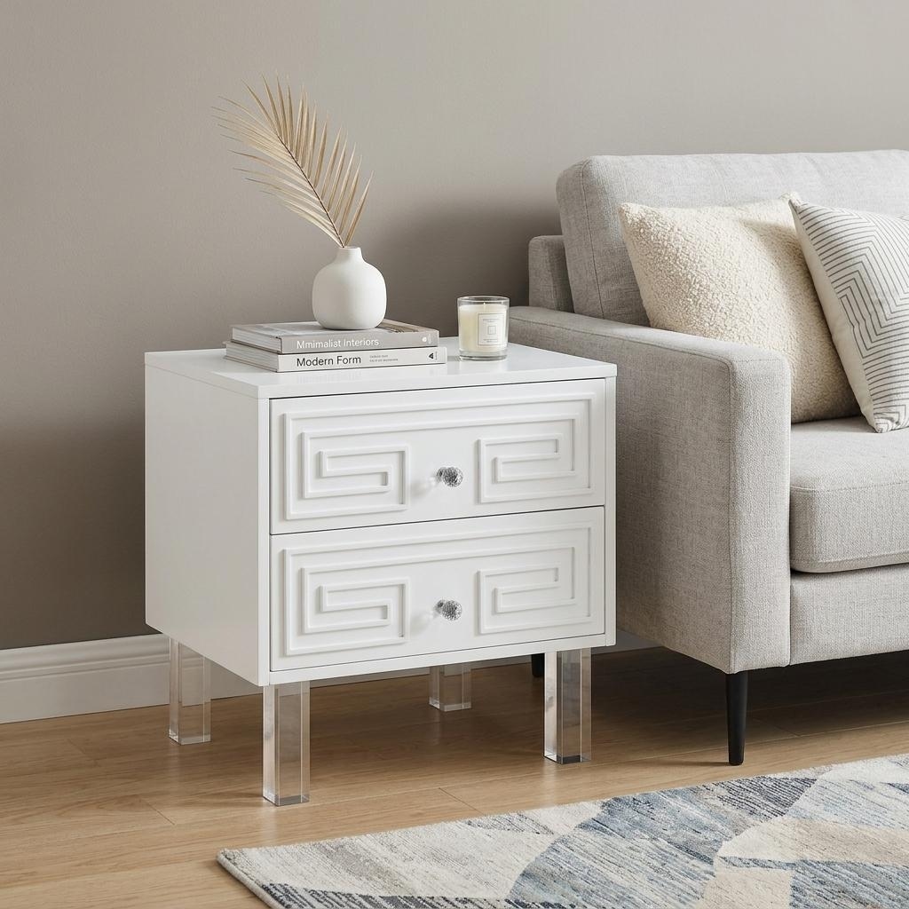 HomeRoots 24" White And Clear Wood And Acrylic End Table With Two Drawers - 24.00 in. x 24.00 in. x 18.00 in.