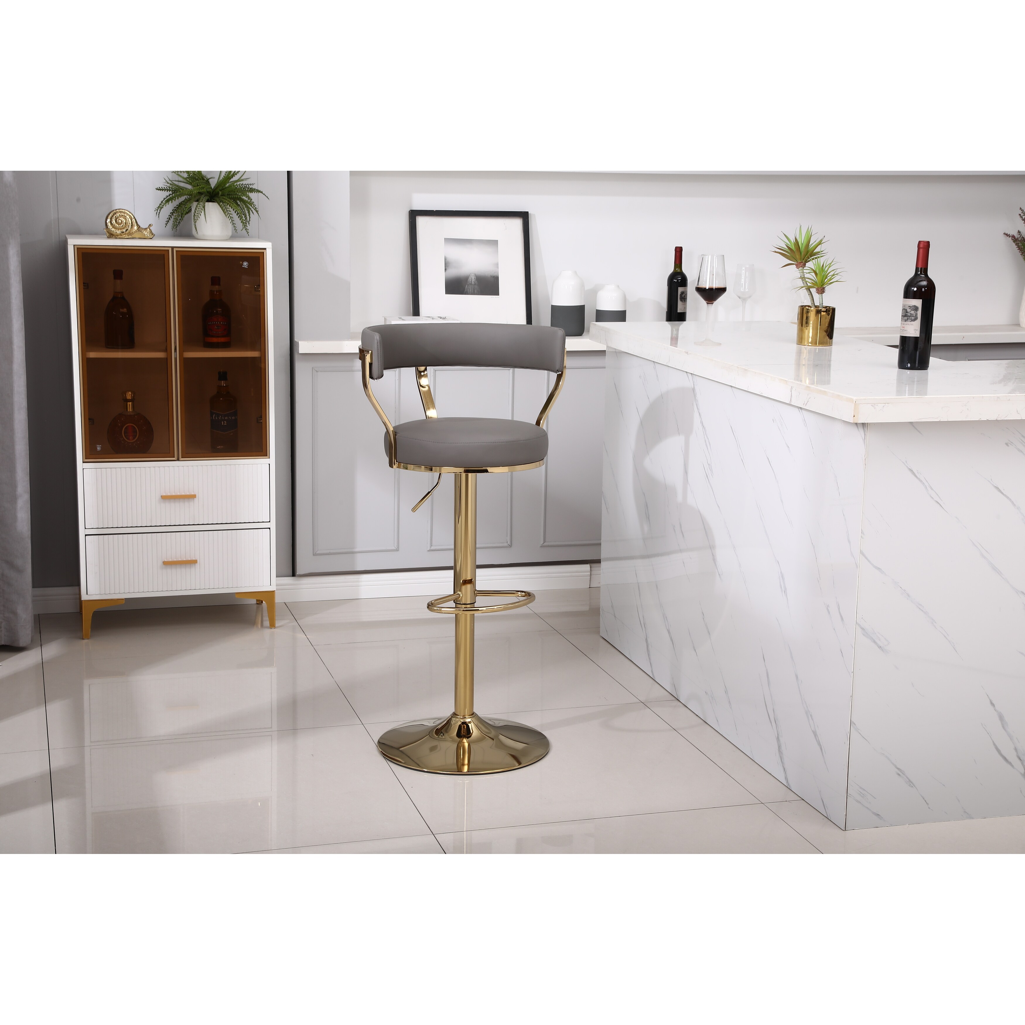 PU Upholstered Breakfast Stools Swivel Bar Stool Adjustable Airlift Counter Height Bar Stool Dining Cafe Hydraulic Chair Grey