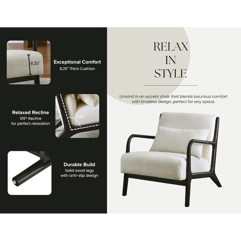 Eterna Mid-Century Modern Style Accent Chair with Removable Lumbar Pillow, Black Finish Solid Wood Legs